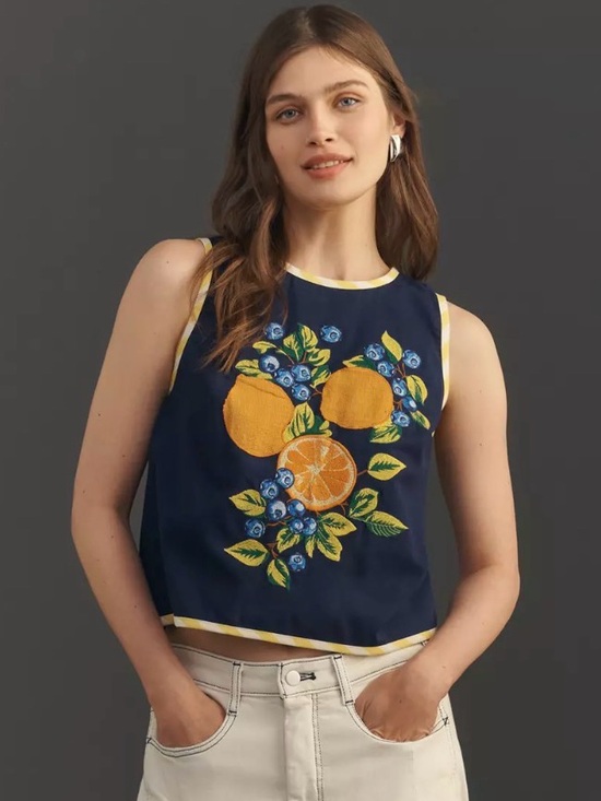 Maeve Tops - Maeve Anthropologie Fruit Embroidered Shell Tank Top Navy Size XL
